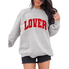 LETSEE Womens Valentines Crewneck Sweatshirt LOVER Letter Chenille Patch Long Sleeve Pullover Tops Oversized Clothes