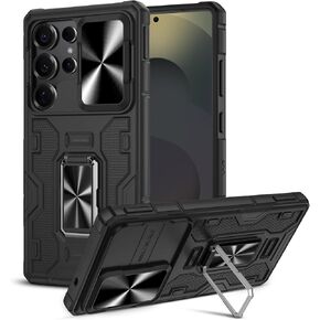Caka for Samsung Galaxy S25 Ultra Case [Military Grade Protection] [Full Camera Lens Cover] [360°Spin Stand] Heavy Duty Protective Hard Rugged Phone Cover with Kickstand Ring Holder - Black