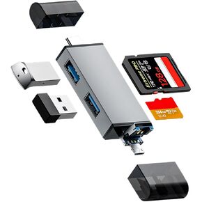 USB & Micro USB & USB-C to SD/Micro SD Memory Card Reader Adapter, 4-in-1 Portable Dual Card Slots Reader and USB 3.0/2.0 Ports, Compatible with Android Phone, Laptop, Cell Phone and More Devices
