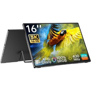 Intehill 3K Portable Monitor 16 inch, 3072x1920 and 16:10 Portable Display with AG Anti Glare Panel, sRGB 100% and 400nits Portable Monitor for Laptop, VESA Support Small Monitor U16ZA