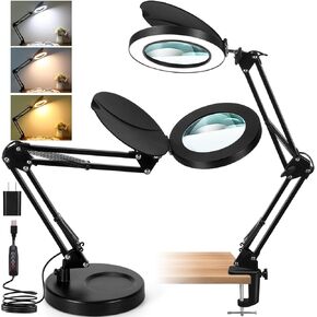 Veemagni 10X Magnifying Glass with Light and Stand, 2-in-1 LED Magnifying Desk Lamp with Clamp & Lens Cover, 3 Color Modes Stepless Dimmable Hands Free Lighted Magnifier for Crafts Reading Painting