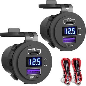 2 Pack USB C Car Charger Socket, Qidoe 12V USB Outlet PD3.0 20W USB C and 18W QC3.0 Car USB Port with LED Voltmeter and ON/Off Switch Fast Car USB Outlet for Car Boat Marine RV Truck Golf Motorcycle