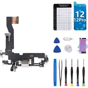for iPhone 12 Charging Port Replacement OEM for iPhone 12 Pro Headphone Port Flex Cable White USB Charge Dock Connector Antanna Microphone Assembly with Repair Tools A2172 A2402 A2403 A2404