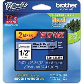 Brother TZE1312PK TZe Standard Adhesive Laminated Labeling Tapes, 1/2-Inch w, Black on Clear, 2/Pack