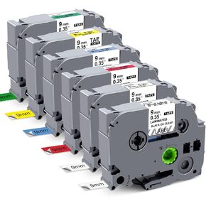 RAEMALL P Touch Label Tape 9mm 0.35 Inch Replacement for TZe-221 TZe121 TZe 421 521 621 721 Work for P Touch Label Maker PT-D210 H110 D600 (Black on White/Clear/Red/Blue/Yellow/Green), 6 Pack