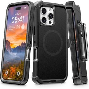 for iPhone 16 Pro Max Case with Belt Clip Holster, Compatible with MagSafe, Triple Layer Magnetic Charging Case, iPhone 16 Pro Max Heavy Duty Protective&Drop-Proof Phone Case 6.9",Black