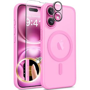 Magnetic for iPhone 16 Case with Camera Control Button,[Compatible with MagSafe][with Screen Protector & Camera Cover]Matte Translucent Shockproof Protective iPhone 16 Phone Case for Women (Pink)