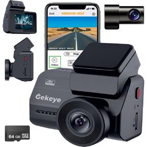 Ultra HD 4K DASH CAM الأمامي والخلفي بواسطة GeKeye-4K+1080p كاميرا DASH مزدوجة مع Wi-Fi ، GPS ، بطاقة SD 64 جيجابايت ، رؤية ليلية ، عرض 2 'IPS ، G-setor ، ووضع وقوف السيارات على مدار 24 ساعة