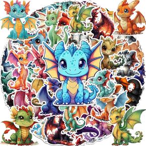 3D Dragon Stickers for Kids: 50Pcs Waterproof Vinyl Dragon Sticker in Assorted Colors and Styles, Cartoon Pterosaur Sticker Fantasy Magical Wings of Dragon Sticker for Teens Water Bottle Party Favors