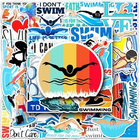 Swimming Stickers, 50Pcs Cartoon Swim Exercise Workout Fitness Vinyl Decals for Laptops Scrapbook, Zumkjde Luggage Phone Guitar Swimmer Sports Gifts for Kids Girls Boys