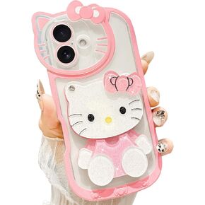 Cute Cartoon Case for iPhone 16 6.1 inch, 3D Bow Kawaii Glitter Cartoon Cat Case with Face Makeup Mirror for Girls Women Soft Silicone Clear Protective Phone Cover for iPhone 16, Pink