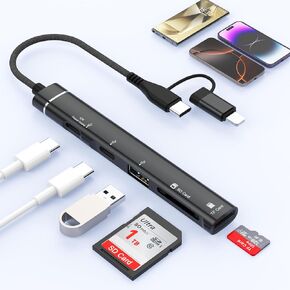 SD Card Reader for iPhone iPad, 6-in-1 Lightning to USB Adapter SD Card Adapter with SD/TF Card, Charging/Data/Audio, USB 3.0 Adapter, Memory Card Reader for iPhone iPad MacBook Samsung Plug and Play
