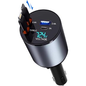 Retractable Car Charger 4 in 1 Fast Charge USB C Car Charger Adapter with Retractable Cord Cable 100W, Car Phone Charger for iPhone 15 Pro Max Plus 14 13 12