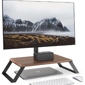 Monitor Stand, Monitor Riser with Tilt Swivel Mount for 12-27 Inch Screen, Landscape to Portrait Rotation, Height Adjustable, Extra Storage Shelf, Desk Organizer, Walnut