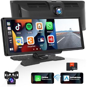 UNITOPSCI Portable Wireless Apple CarPlay Car Stereo with 2.5K Dash Cam & HD Backup Camera 9.3 Inch IPS Touch Screen Android Auto Car Play Screen for Car, Bluetooth, GPS Navigation, 64G TF Card, DVR