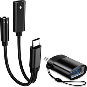 USB Type-c to 3.5mm Audio Adapter 2 in 1 USB Type C to 3.5mm Headphone Jack and Charging Adapter (Type C Port), Come with 1 USB C to USB A Adapter Stick (Black Adapter, Black Stick)