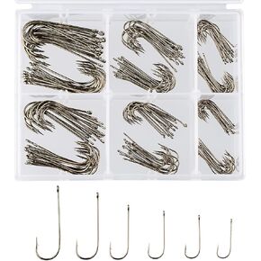 BASSDASH 180 Pieces Aberdeen Fishing Hooks Assortment, Light Bronze Color, Hook Sizes 2/0, 1/0, 2, 4, 6, 8, Tackle Box