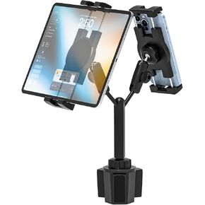 Car Dual Cup Holder Tablet Mount for 4.7"-13" Phone & iPad - Metal Adjustable Arm, 360° Rotatable Car Tablet Mount Stand, Compatible with iPad Pro/Air/Mini, Galaxy Tab/Z Fold, iPhone