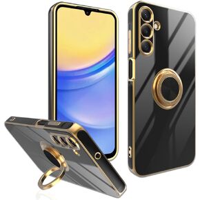 Dahkoiz for Samsung A15 5G Case, Galaxy A15 5G Case, Multi-Function Finger Ring Stand, Upgrade Camera Protection, Plating Gold Edge Slim Cover Phone Case for Samsung Galaxy A15 5G, Black
