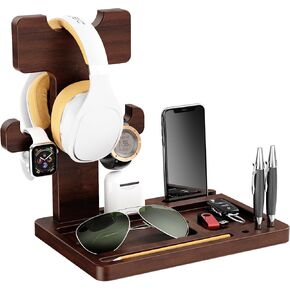 Wooden Headphone Stand for Desk, Gaming Headset Stand, Headset Holder with Multifunctional Storage Tray, Universal Headphone Holder Compatible with Most Headphones