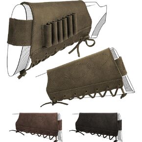 BRONZEDOG Leather Rifle Buttstock Shotgun Shell Holder Recoil Pad .30-30 .308 12/16Ga Hunting Butt Stock Cartridge Ammo Pouch (Khaki, 12 (16) Gauge)