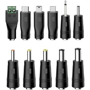 DC Plug Adapter Kit 11 Connector Tips for DC 5.5x2.1 & 5.5x2.5mm Cables with Micro-USB, Type-C, Mini USB,LED Terminal,2.5x0.7mm,3.0x1.1mm,3.5x1.35mm,4.0x1.7mm,4.8x1.7mm,5.5x2.5mm,2.5mm Power Connector