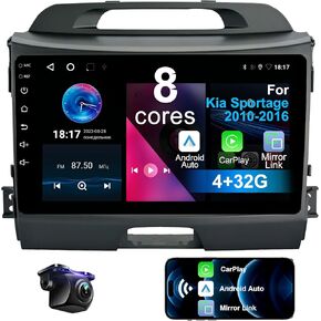Car Stereo for Kia Sportage 2010-2016 4+32G 8 Core with Wireless CarPlay Android Auto, 9 inch 1280X720 IPS Touchscreen Bluetooth Car Radio Player with Backup Camera, AM/FM/RDS, AUX, DSP, SWC