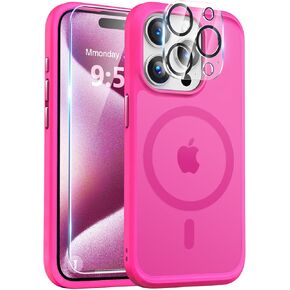 BossKiss Compatible with iPhone 13 Case, [Compatible with Magsafe] [Screen+Camera Protector] Magnetic Translucent Matte Women Men Girl Protective Cover for iPhone 13 6.1", Hot Pink