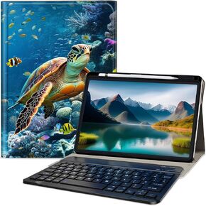 Keyboard Case for Samsung Galaxy Tab S9 FE+/S9+ 12.4 inch, 360 Degree Rotating, PU Leather Stand Cover with Detachable Bluetooth Keyboard for Tab S9 FE Plus/S9 Plus 12.4" Sea Turtle