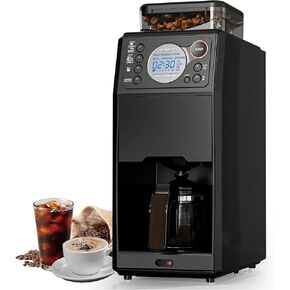 Automatic Grind and Brew Coffee Maker - Built-in Burr Grinder, Self-Cleaning, Iced Coffee, 24H Programmable Timer, Sleek Black Design