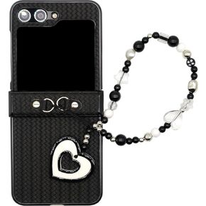 for Samsung Galaxy Z Flip 5 Case with Heart Theme Phone Charm, Classical Folding PU Leather Slim Shockproof Cover for Samsung Z Flip 5 (Love Black)