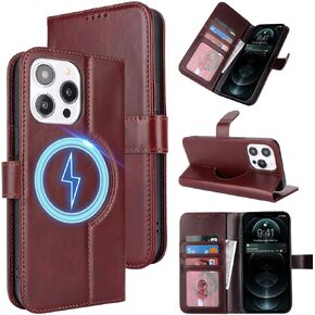 ZOUZT for iPhone 14 Pro 6.1" Genuine Leather Wallet Case with Card Holder, for MagSafe Magnetic Wireless Charging, Flip Folio Book Kickstand Shockproof Cover Women Men for iPhone 14 Pro - Litchi Black