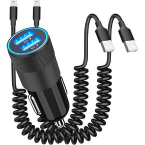 【MFi Certified】iPhone Fast Car Charger, Rombica 4.8A Dual USB Car Power Cigarette Lighter USB Car Charger with 2Pack 6FT Coiled Lightning to USB Cable for iPhone 14 13 12 11 Pro/XS Max/Mini/XR/SE/iPad