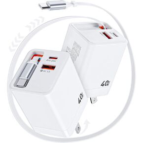 Retractable Phone Charger Wall Plug with Dual USB Ports and USB-C Cable, 40W Travel Charger, Fast Charging Adapter with Foldable Plug for iPhone 16/15, Samsung, Pixel