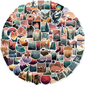 Outdoor Camping Stickers | 100 PCS Sunset Forest Decals | Nature Mountain Adventure Hiking Vinyl Waterproof Stickers for Water Bottles;Cup;Laptop ;Mobile Phone;Bicycle;Campsite