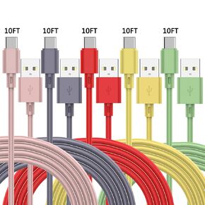 5 Pack 10FT USB Type C Cable TPE Fast USB C Charging Power Data Sync Cord Phone Charger for Samsung Galaxy A10e A11 A20 A21 A51 A50 A71 A01 S10 S21 S20 FE Note 20 Moto G G7 G6 Z4 LG K51 Stylo 4 5 6