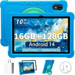 HUIHUANG Tablet 10 inch Android 14 Tablets, 16GB RAM 128GB ROM, 1TB Expand, Octa-Core, 5G/2.4G WiFi, Large Capacity Battery, 5MP + 8MP Dual Camera, Bluetooth 5.0, GPS, Drop Proof Case - Blue
