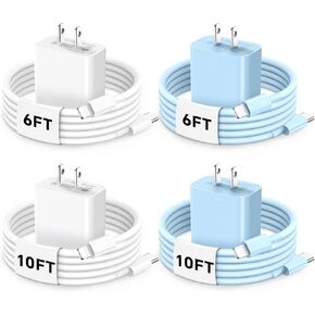 USB C Fast Charger Block, 4Pack 20W PD Type C Wall Phone Charger with 6/10FT Fast Charging USB C to Lighting Cable Compatible with iPhone 14/13/12/11 Pro/Pro Max/Plus/XS/XR/X/SE/8 Charger White/Blue