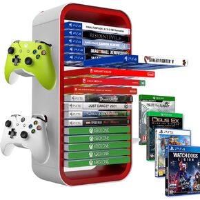 Game Storage Tower Compatible with PS5/ Xbox Series S & X/Switch, Universal Game Ray Disks Organizer, Stores 18 Game, with 4 Controller Holders, Game Disk Box Stand (Red)