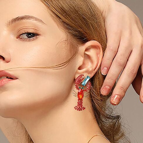 Red Rhinestone Crayfish Dangle Earrings for Women Girls Lobster Crystal Drop Dangling Studs Earing Cartilage Tragus Piercing Post Pin Lightweight Cute Birthday Halloween Christmas Theme Party Jewelry Gifts in Saudi Arabia