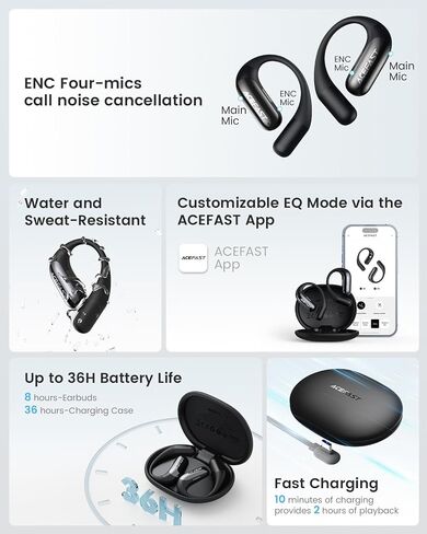 Acefast AceFit Air Open Ear Headphones, Wireless Earbuds with Rich Bass, Bluetooth 5.4 Sports Headphones with Charging Case, 32H Playtime Earbuds IP54 Waterproof for Running, Cycling, Walking, Workout in Saudi Arabia