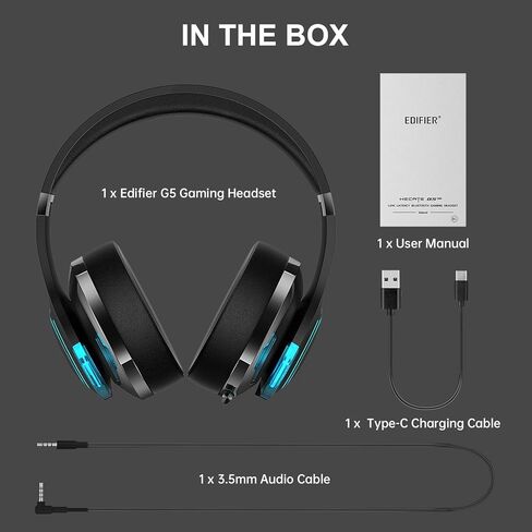 سماعات ألعاب اللاسلكي G5BT Edifier ، فوق سماعات بلوتوث الأذن مع ميكروفون مزدوج قابل للسحب للكمبيوتر الشخصي/PS4/الهاتف المحمول ، مقبس الصوت 3.5 ملم ، RGB Light - Black in Kuwait