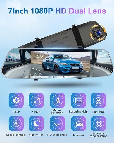 Podofo Mirror Dash Cam for Cars,7" Rear View Mirror 1080P Front and Rear View Dual Cameras,Super Night Vision,Parking Assistance,Loop Recording,Motion Detection,Waterproof Backup Camera for Cars+64G in Kuwait