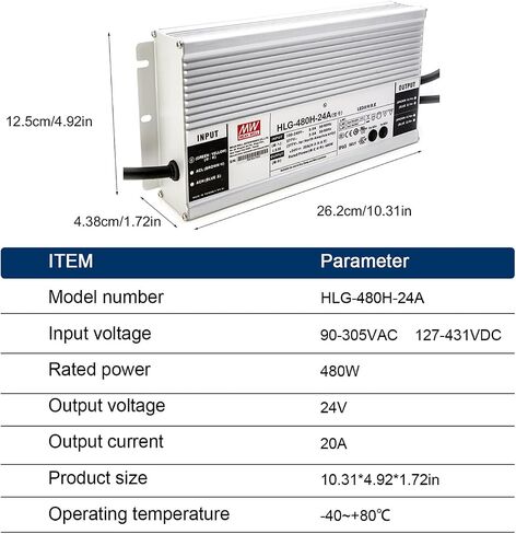 HLG-480H-24A 24V 20A 480W LED Driver IP65, for LED Horticulture and Industrial Lighting in Saudi Arabia