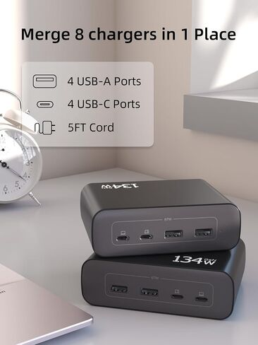 8 Port 134W Charging Station, Dual 67W USB C Charger Block, Fast Charger Desktop Organizer for iPhone, MacBook, Samsung, Laptops, and More (Flat Plug, Black) in Saudi Arabia