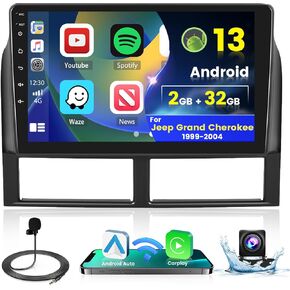 2+32G Android 13 Car Stereo Radio for Jeep Grand Cherokee 1999-2004, 9'' HD Touch Screen Compatible with CarPlay Android Auto, AHD Backup Camera, Mirror Link, GPS Navigation, WiFi, DSP