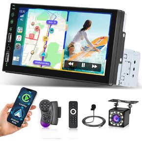 7 Inch HD Single Din Touchscreen Car Stereo - Wireless Carplay and Android Auto, 1 Din Car Radio with Bluetooth 5.1, Mirror Link, FM Radio, Steering Wheel Control, 7 Backlights+ Backup Camera Mic
