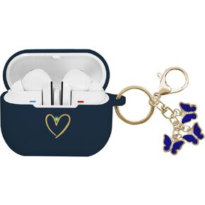 Compatible with Samsung Galaxy Buds 3 Pro and Galaxy Buds 3 (2024), Soft Silicone Case with Gold Heart Pattern with Cute Butterfly Keychain for Girls Women (Midnight Blue)