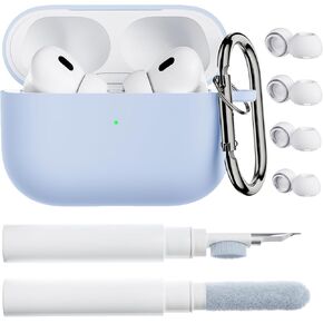 ORNARTO for Airpods Pro 2nd/1st Generation Case with Cleaner Pen, Eartips Cover, Full Protective Soft Silicone for AirPods Pro Case 2022/2019 with Keychain, Front LED Visible Skin Cover-Baby Blue