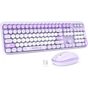 Colorful Wireless Keyboard and Mouse Combo, Retro Typewriter Round Keycaps Keyboard with Cute Bunny, Full-Size Office Computer Keyboard and Quiet Mouse for Windows/Mac, 2.4GHz Cordless with Shortcuts